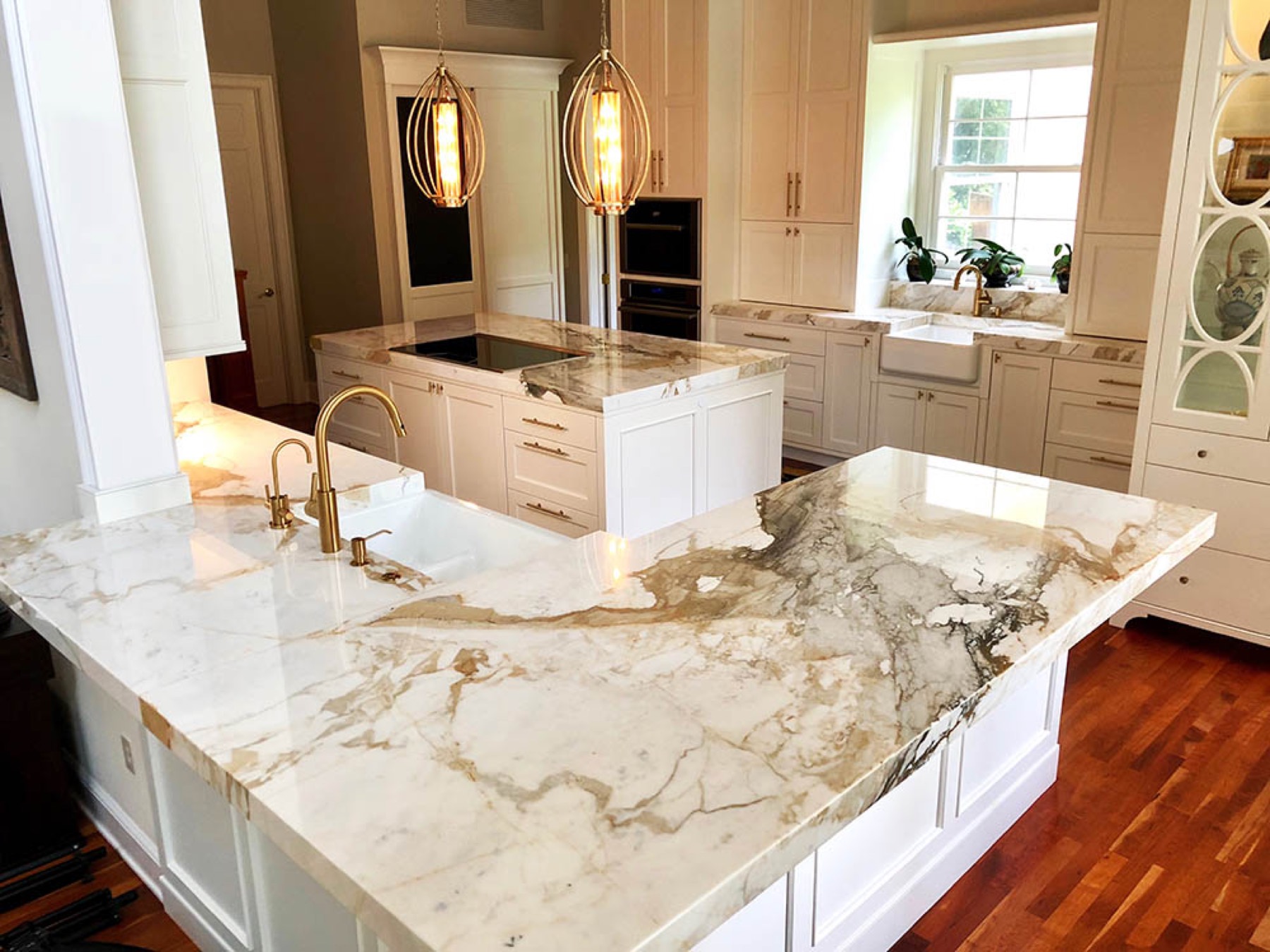 Interior remodel, book-matched marble